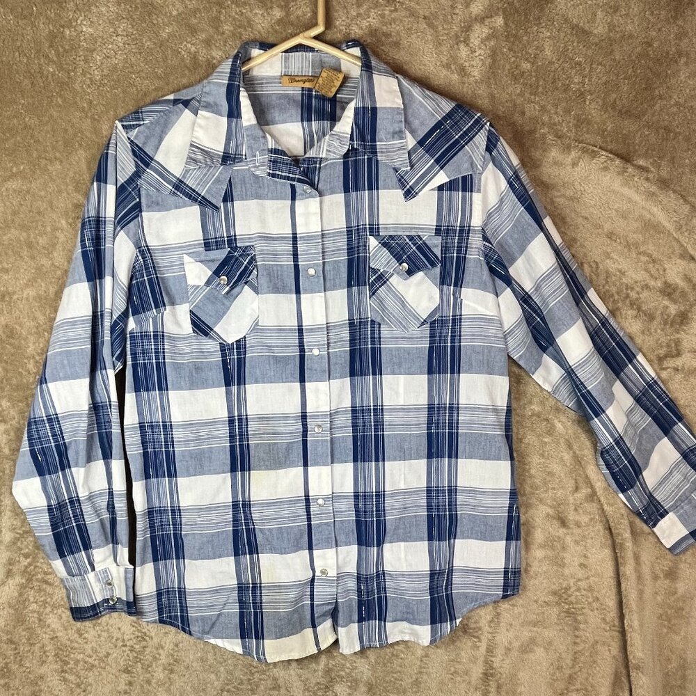 Wrangler Mens Shirt Pearl Snap Long Sleeves Cowboy Western Plaid Blue White L